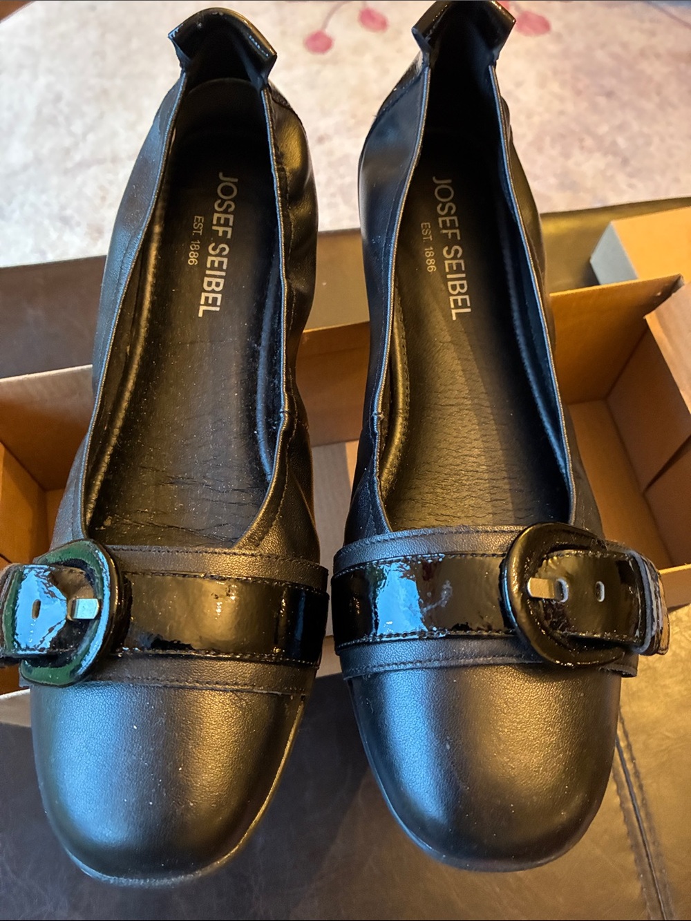 Josef Seibel Black Patent Buckle Ballet Flats